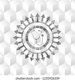 stethoscope icon inside realistic grey emblem with geometric cube white background