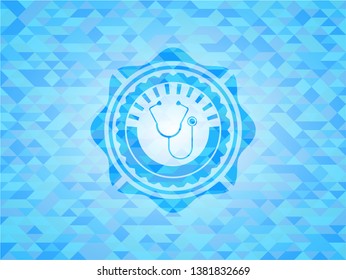 stethoscope icon inside realistic light blue emblem. Mosaic background
