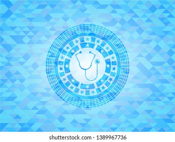 stethoscope icon inside realistic sky blue emblem. Mosaic background