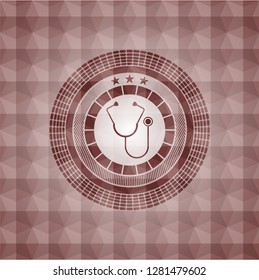 stethoscope icon inside red emblem with geometric pattern background. Seamless.