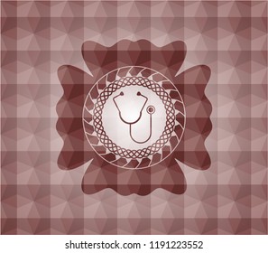 stethoscope icon inside red seamless emblem or badge with abstract geometric pattern background.