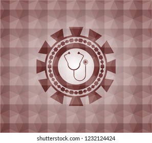 stethoscope icon inside red seamless emblem or badge with abstract geometric pattern background.