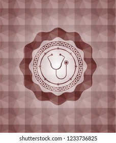stethoscope icon inside red seamless emblem with geometric pattern background.