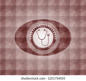 stethoscope icon inside red seamless emblem with geometric pattern background.