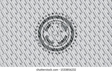 stethoscope icon inside shiny silver emblem. Scales pattern. Vector Illustration. Detailed.