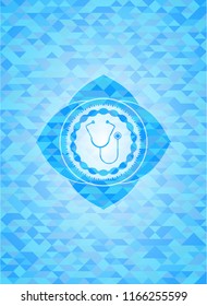 stethoscope icon inside sky blue emblem with mosaic background