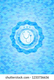 stethoscope icon inside sky blue emblem with mosaic background