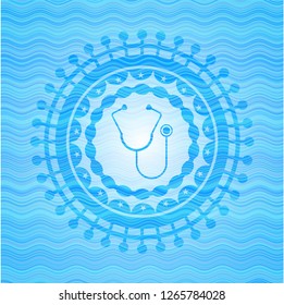 stethoscope icon inside sky blue water badge background.