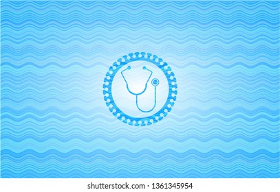 stethoscope icon inside sky blue water badge background.