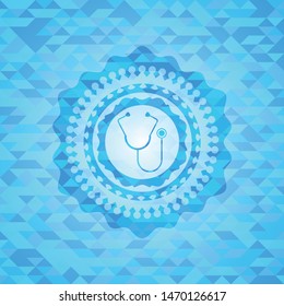 stethoscope icon inside sky blue emblem. Mosaic background