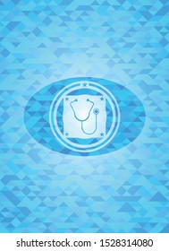 stethoscope icon inside sky blue emblem. Mosaic background