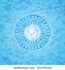 stethoscope icon inside sky blue emblem with triangle mosaic background