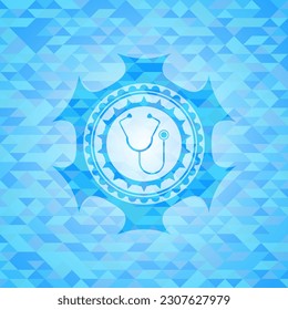 stethoscope icon inside sky blue emblem. Mosaic background. 