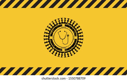 stethoscope icon inside warning sign, black grunge emblem. Vector Illustration. Detailed.