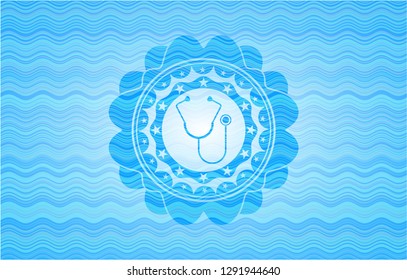 stethoscope icon inside water wave badge background.