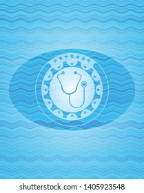 stethoscope icon inside water wave concept emblem background.