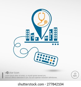 Stethoscope  icon and keyboard. Line icons for application development, creative process.