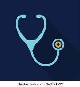 Stethoscope  icon with long shadow, flat design. Vector illustration.