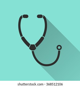 Stethoscope  icon with long shadow, flat design. Vector illustration.