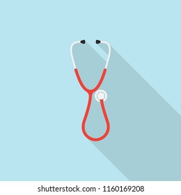 Stethoscope icon with long shadow on blue background, flat design style