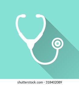Stethoscope  icon with long shadow on green background, flat design. Vector illustration.