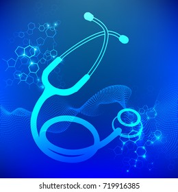 Stethoscope Icon - Medical Health Care Symbol Glyph. Abstract blue background with elements of medical design. Vector illustration