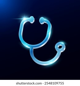 Stethoscope icon model 3d. Form translucent shiny glass or acrylic modern on blue background. For design medical science advertising media. Vector EPS10.
