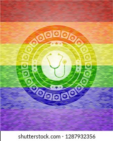 stethoscope icon on mosaic background with the colors of the LGBT flag