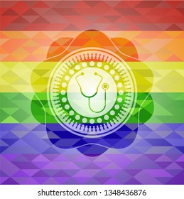 stethoscope icon on mosaic background with the colors of the LGBT flag