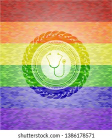stethoscope icon on mosaic background with the colors of the LGBT flag
