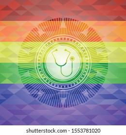 stethoscope icon on mosaic background with the colors of the LGBT flag