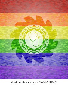 stethoscope icon on mosaic background with the colors of the LGBT flag