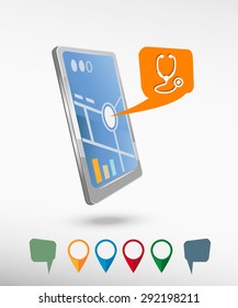 Stethoscope  icon and perspective smartphone vector realistic. Set of bright map pointers for printing, website, presentation element and application mockup.