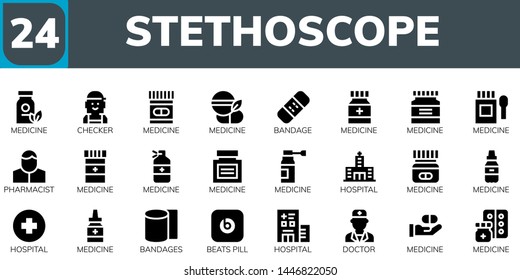 stethoscope icon set. 24 filled stethoscope icons.  Collection Of - Medicine, Checker, Bandage, Pharmacist, Hospital, Bandages, Beats pill, Doctor
