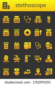 conjunto de iconos de estetoscopio. 26 iconos rellenos de estetoscopio.  Iconos modernos sencillos, como: Hospital, Medicina, Estetoscopio, Supositorios, Bandas, Verificador, Hospitalización, Veterinaria