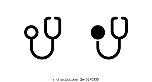 Stethoscope Icon Set. A black glyph and outline icon of a stethoscope, representing medical examination.