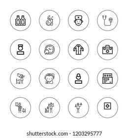 Stethoscope icon set. collection of 16 outline stethoscope icons with doctor, hospital, medical appointment, medicine, lab coat, nurse, suppositories, surgeon icons.