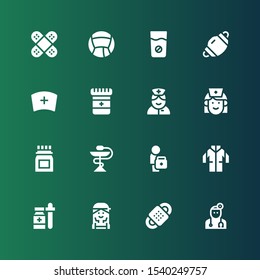 stethoscope icon set. Collection of 16 filled stethoscope icons included Doctor, Bandage, Checker, Medicine, Lab coat, Nurse, Dentist mask