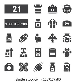 stethoscope icon set. Collection of 21 filled stethoscope icons included Checker, Medicine, Dentist mask, Bandage, Healthcare, Veterinary, Diagnosis, Doctor, Nurse, Pharmacist