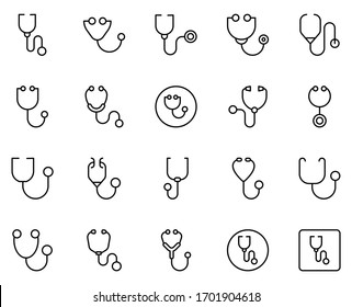 Stethoscope icon set. Collection of thin line icons. 20 high quality outline logo on white background. Pack of symbols for design website, mobile app, printed material, etc.