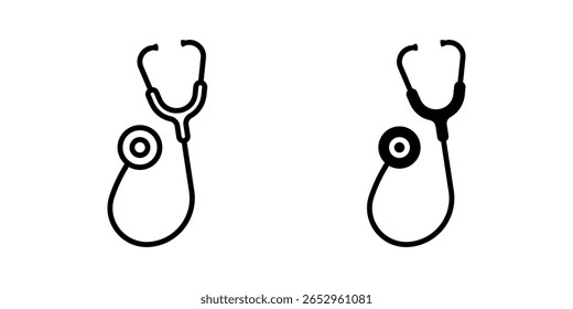 Conjunto de ícones do estetoscópio. Uma ilustração minimalista de um estetoscópio em um estilo de contorno simples e estilo preenchido. Ferramenta de saúde para exame médico e verificação.