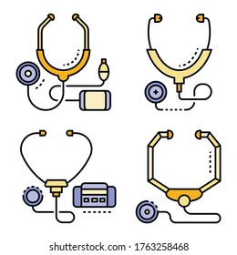 Stethoscope-Icon-Set. Rahmenset mit Stethoskop-Vektorsymbol in dünnen Linien, flach einzeln auf Weiß