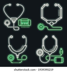 Stethoscope icon set. Outline set of stethoscope vector icons neon color on black