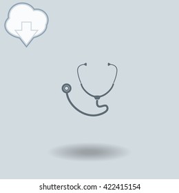 Stethoscope icon with shadow. Cloud of download with arrow.