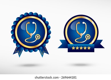 Stethoscope icon and stylish quality guarantee badges. Blue colorful Promotional Labels