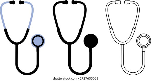 Icono de estetoscopio Conjunto de Vectores Equipo médico Silueta y esquema Ilustración