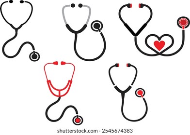 Stethoscope icons on white background. Health and medicine services poster or banner and flyer designing idea. Media and web online Telemedicine marketing symbol. 
