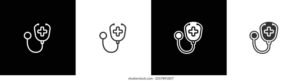 Stethoscope icons, Pharmacy icons, medicine, healthcare, community service icons, Medicine and Health Services in flat and linear shapes on black, white and transparent backgrounds.