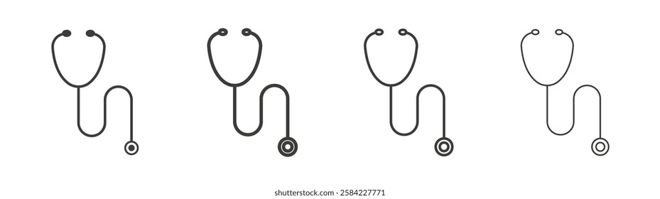 Stethoscope icons set. Liner outlined and flat black color