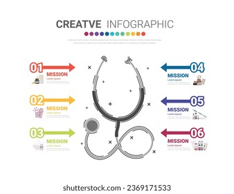 Stethoscope infographic template with 6 options, vector infographics design and Presentation can be used for presentation properties, medical properties, Healthy life concept. EPS Vector.